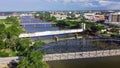 Top view four bridges including vehicular, Railway and Suspension Bridge cross the Brazos River in downtown Waco, Texas Royalty Free Stock Photo