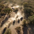 an aerial view of four cars driving in the desert. Generative Ai