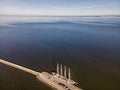 Aerial view of a four-mast sailing vessel docked at Lisbon marina harbour along Tagus river, Lisbon, Portugal