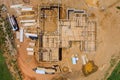 Aerial view of fragment a new home under construction wood framing beams framework Royalty Free Stock Photo