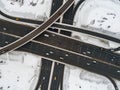 Aerial view of a freeway intersection Snow-covered in winter Royalty Free Stock Photo
