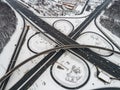 Aerial view of a freeway intersection Snow-covered in winter Royalty Free Stock Photo