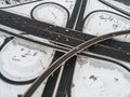 Aerial view of a freeway intersection Snow-covered in winter Royalty Free Stock Photo
