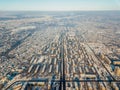 Aerial view of a freeway intersection Snow-covered in winter. Royalty Free Stock Photo