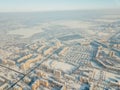 Aerial view of a freeway intersection Snow-covered in winter. Royalty Free Stock Photo
