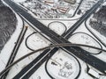 Aerial view of a freeway intersection Snow-covered in winter Royalty Free Stock Photo
