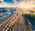 Aerial view of freight cargo trains. Railway station Royalty Free Stock Photo