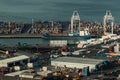 Aerial view of freight containers in Auckland harbor