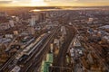 Aerial view of freight and passenger trains. Railway station in the city center. Train repair depot. Industrial scene Royalty Free Stock Photo