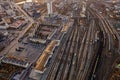 Aerial view of freight and passenger trains. Railway station in the city center. Train repair depot. Industrial scene Royalty Free Stock Photo