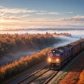 Aerial view of freight train and beautiful forest in fog at sunrise in autumn. Colorful landscape with Royalty Free Stock Photo