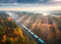 Aerial view of freight train in forest in fog at sunrise in autumn Royalty Free Stock Photo