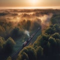 Aerial view of a freight train passing through a forest at sunrise. Generative Ai Royalty Free Stock Photo