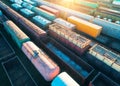 Aerial view of freight trains. Cargo wagons on railway station Royalty Free Stock Photo