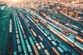 Aerial view of freight trains. Cargo wagons on railway station Royalty Free Stock Photo