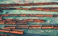 Aerial view of freight trains. Top view of old rusty wagons Royalty Free Stock Photo