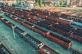 Aerial view of freight trains. Top view of old rusty wagons Royalty Free Stock Photo