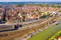 Aerial view of Agen overlooking railway tracks