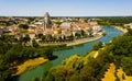 Aerial view of Saintes on Charente river with medieval cathedral, France