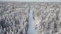 Aerial view of a frozen forest with snow covered trees at winter. Estonia nature