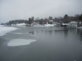 Aerial view of the frozen Lake George waterfront residential area