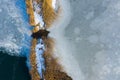 Aerial view of frozen lake. Winter scenery. Landscape photo captured with drone above winter wonderland Royalty Free Stock Photo