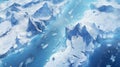 Aerial view of frozen rocks and water in Antarctica, scenery of ice and glacier in ocean. Antarctic landscape with snow and land.