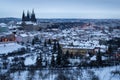 Aerial view of frozen winter city of Prague