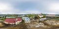 aerial view full hdri seamless spherical 360 panorama over construction site of old abandoned medieval building near bridge across Royalty Free Stock Photo