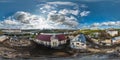 aerial view full hdri seamless spherical 360 panorama over construction site of old abandoned medieval building near bridge across Royalty Free Stock Photo