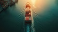 Aerial view of a fully loaded cargo ship leaving the port