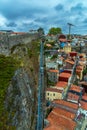 Aerial view of Funicular dos Guindais and picturesque houses, bar terraces and tiled roofs in the historic center of the city of Royalty Free Stock Photo