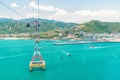 Aerial view for funicular and floating boats in the bay with sandy shore