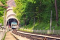 Aerial view of Funicular on a sunny springs day in Kyiv. It connects historic Uppertown and lower neighborhood of Podil. Spring su Royalty Free Stock Photo