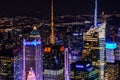 Aerial View of Futuristic Buildings and Towers in Manhattan, New York City, USA. Illuminated Skyscrapers at the Big Apple. Royalty Free Stock Photo