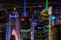 Panoramic View of Futuristic Buildings and Towers in Manhattan, New York City, USA. Illuminated Skyscrapers at the Big Apple. Royalty Free Stock Photo
