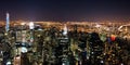 Aerial View of Futuristic Buildings and Towers in Manhattan, New York City, USA. Illuminated Skyscrapers at the Big Apple. Royalty Free Stock Photo