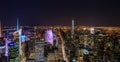 Aerial View of Futuristic Buildings and Towers in Manhattan, New York City, USA. Illuminated Skyscrapers at the Famous Big Apple. Royalty Free Stock Photo