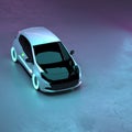 Aerial View of Futuristic Electric Compact City Car in Neon Studio Light with Copy Space.