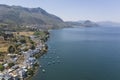 Aerial view of the Fuxian Lake coast with boats, Yunnan - China