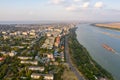Aerial view of Galati City, Romania. Danube River near city with sunset warm light Royalty Free Stock Photo