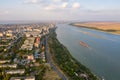 Aerial view of Galati City, Romania. Danube River near city with sunset warm light Royalty Free Stock Photo