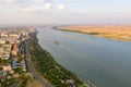 Aerial view of Galati City, Romania. Danube River near city with sunset warm light Royalty Free Stock Photo