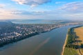 Aerial view of Galati City, Romania. Danube River near city with sunset warm light Royalty Free Stock Photo