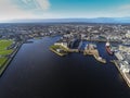 Aerial view on the Galway city commercial port and the Long Walk.