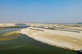 Aerial view of Ganga river embankment, place where held biggest religious gathering in India - Kumbha Mela festival. Royalty Free Stock Photo