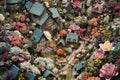 aerial view of a garden made entirely of paper blooms