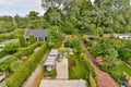 a aerial view of a garden with tables and benches Royalty Free Stock Photo