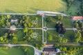 Aerial view Gardens of czech historical town Cesky Krumlov. UNESCO World Heritage Site in beautiful golden morning light