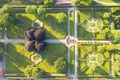 Aerial view Gardens of czech historical town Cesky Krumlov. UNESCO World Heritage Site in beautiful golden morning light